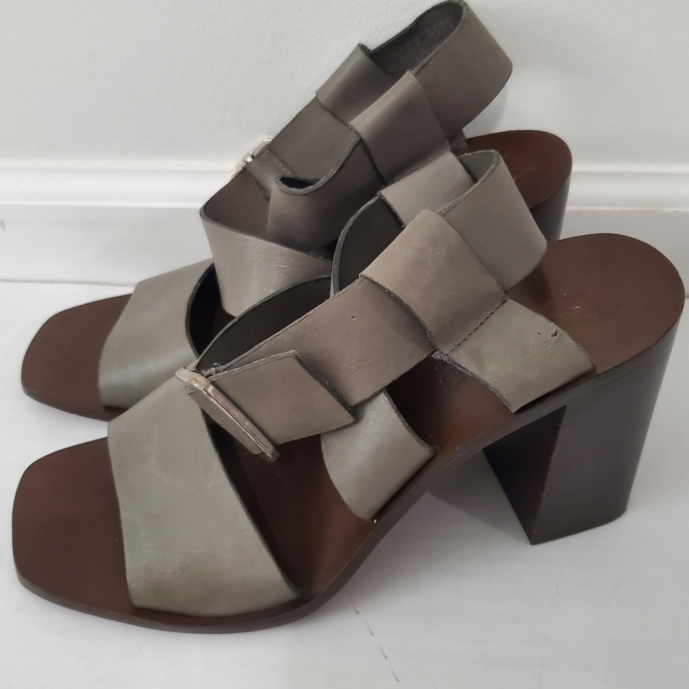 Boemos Italy Block Heel Sandals Eu Size 40 Us 9.5 Dark Gray Leather Square Toe - Picture 5 of 13